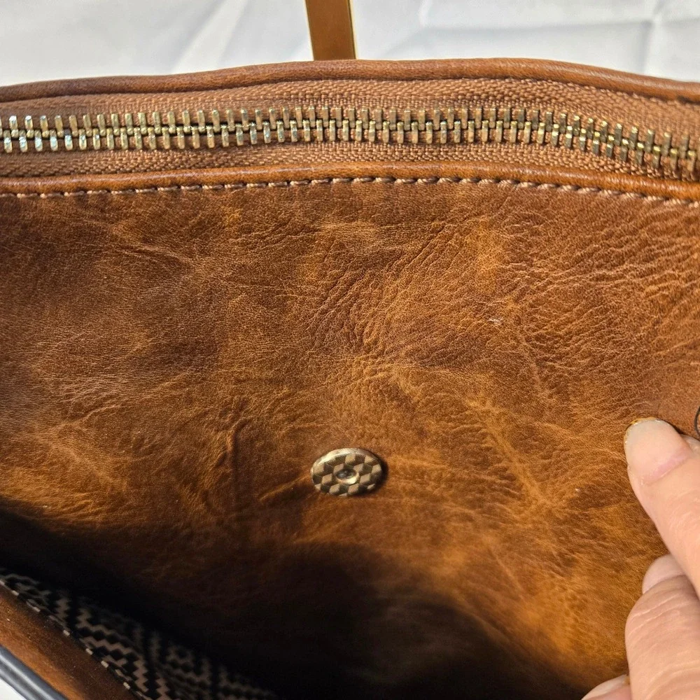 Brown Vegan Leather Whipstitch Boho Satchel Crossbody Bag with Geometric Lining